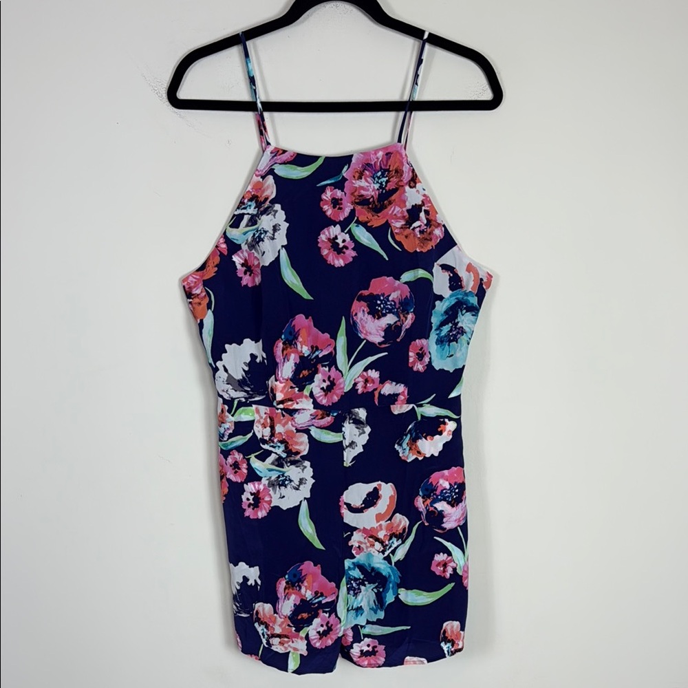 Yumi Kim Girl Next Door 100% Silk Navy Floral High Neck Romper Size Large